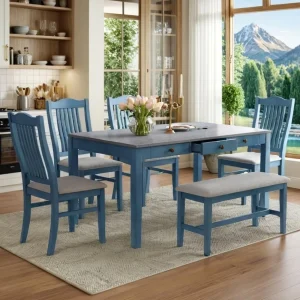6 Piece Solid Wood Dining Table Set,
