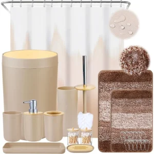 Beige Bathroom Sets with Shower Curtain and Rug,