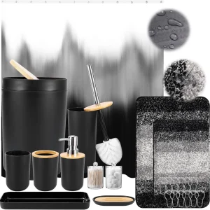 Black Bathroom Set. Shower Curtain & Rug.